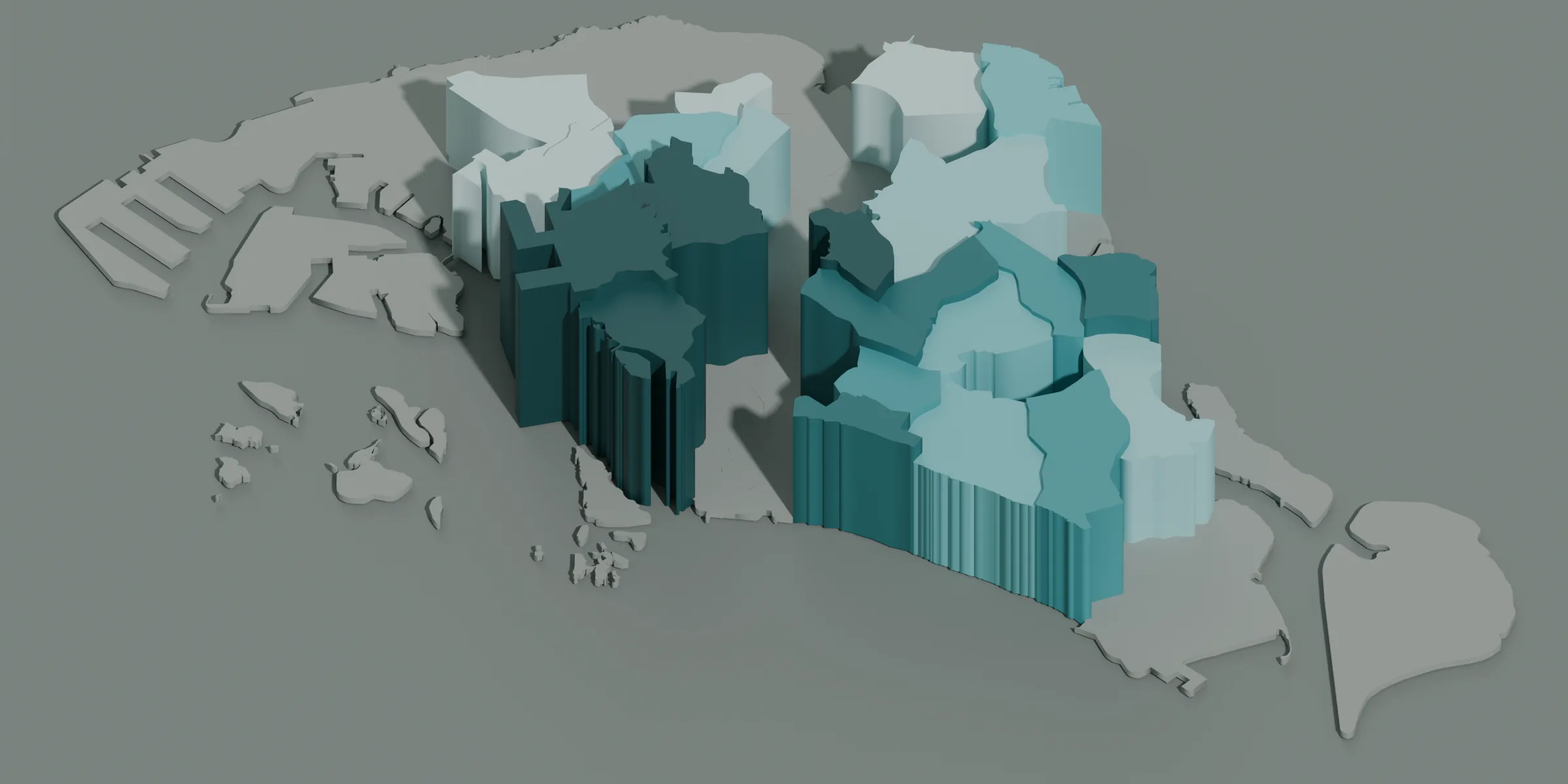 A relief model of Singapore. Each of the 55 planning areas is raised in proportion to its filed median HDB resale price per square foot and shaded on a six-step pale-to-deep teal ramp, so the tallest and darkest areas are the dearest. Queenstown stands highest at S$859 per square foot and Choa Chu Kang lowest at S$501. The 31 areas with no filed resale — the water catchment, the airbases, the port and the outlying islands — lie flat in grey.